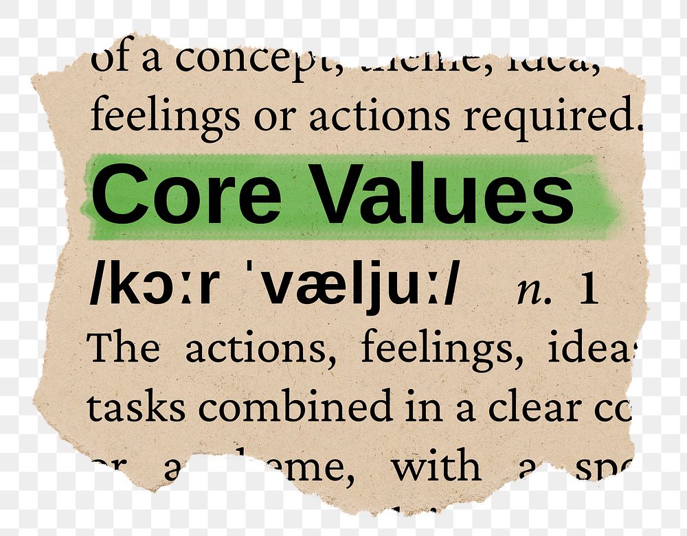 Core values png word sticker, torn paper dictionary, transparent background