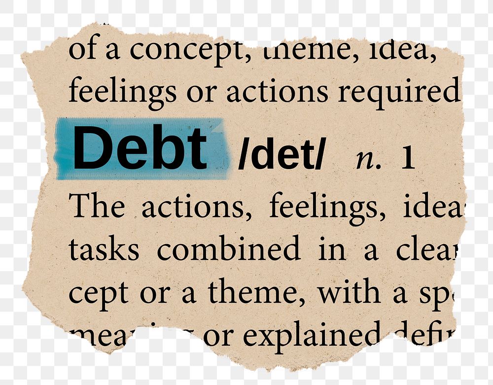 Debt png word sticker, torn paper dictionary, transparent background