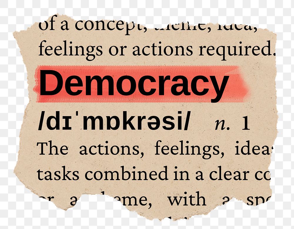 Democracy png word sticker, torn paper dictionary, transparent background