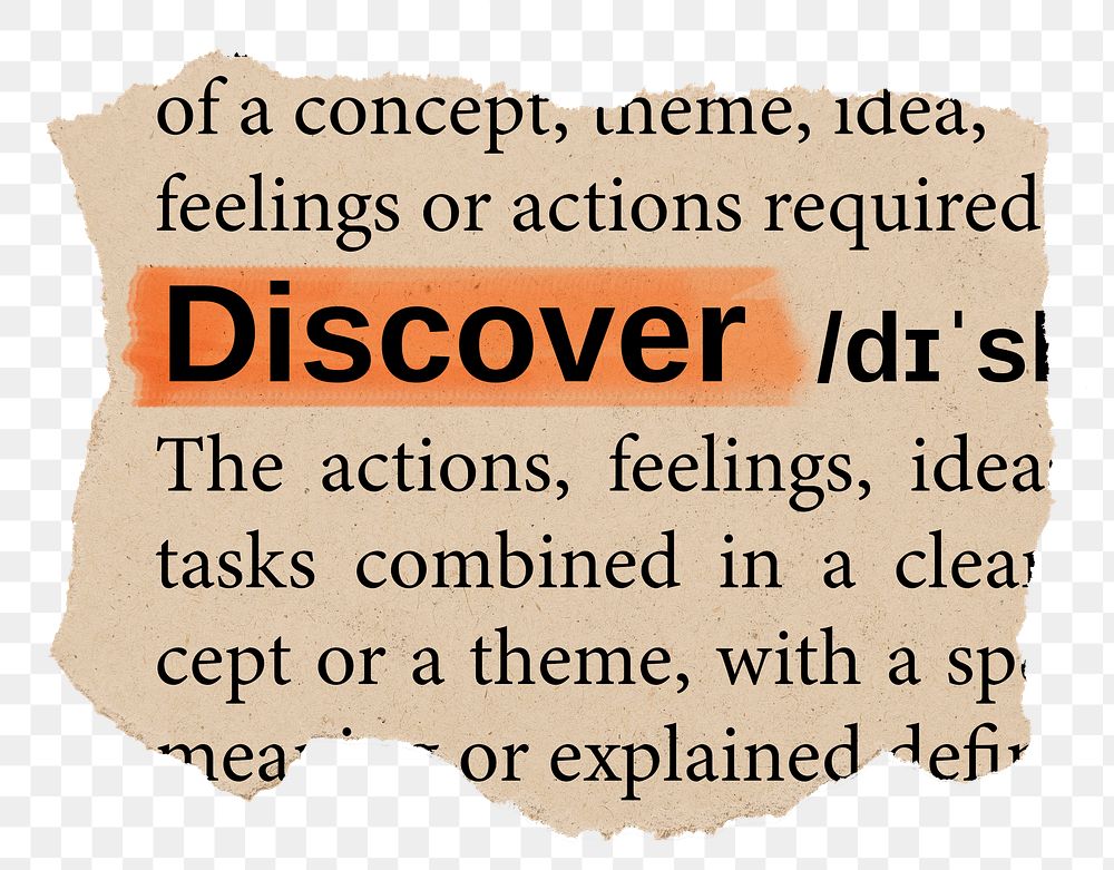 Discover png word sticker, torn paper dictionary, transparent background