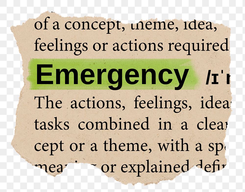 Emergency png word sticker, torn paper dictionary, transparent background