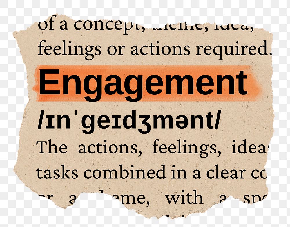 Engagement png word sticker, torn paper dictionary, transparent background