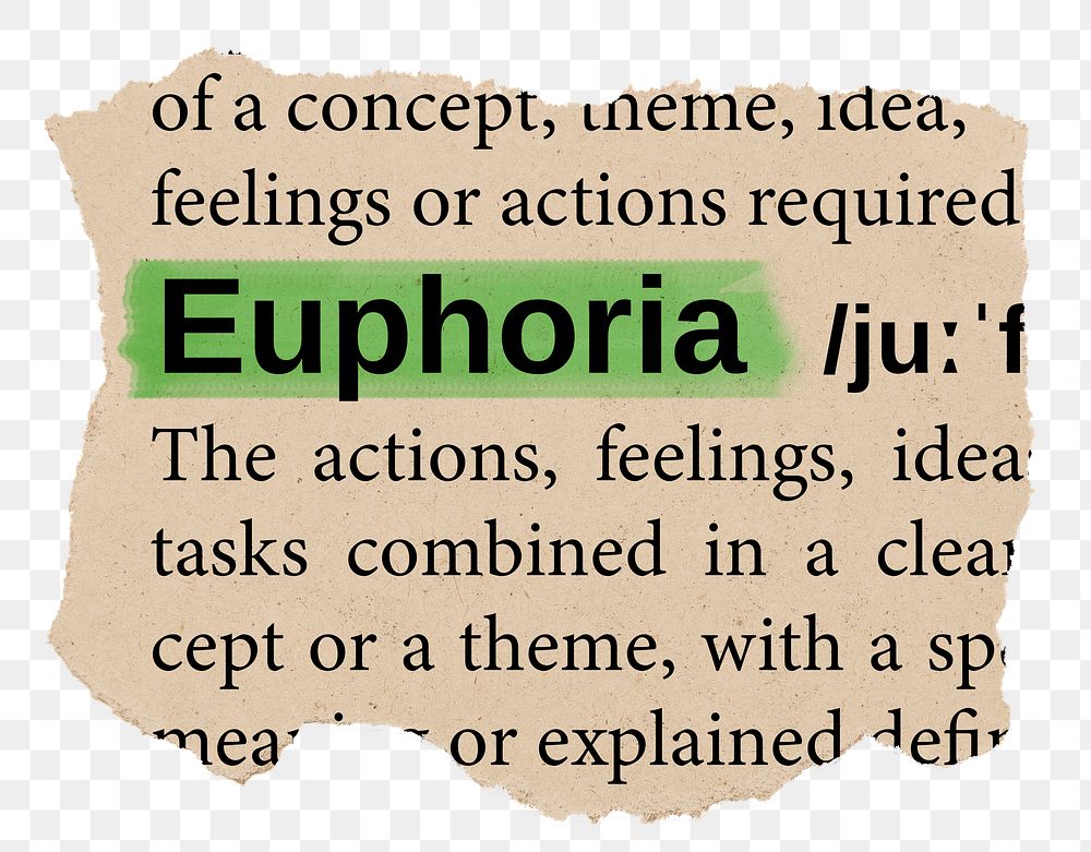 Euphoria png word sticker, torn paper dictionary, transparent background