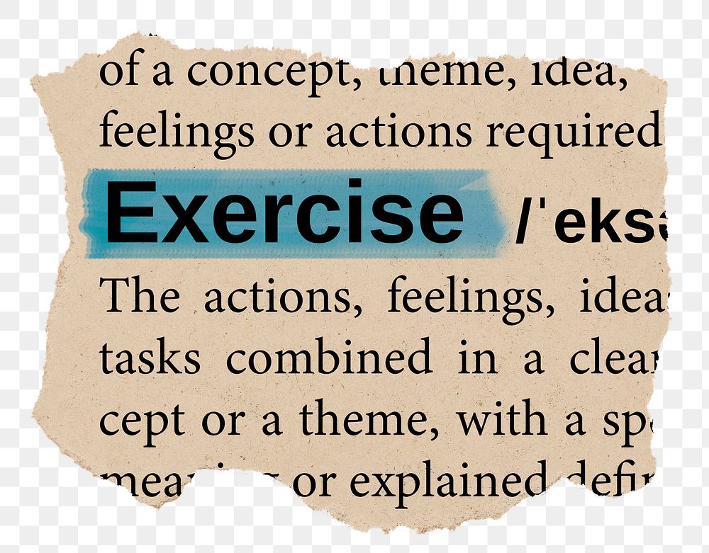 Exercise png word sticker, torn paper dictionary, transparent background