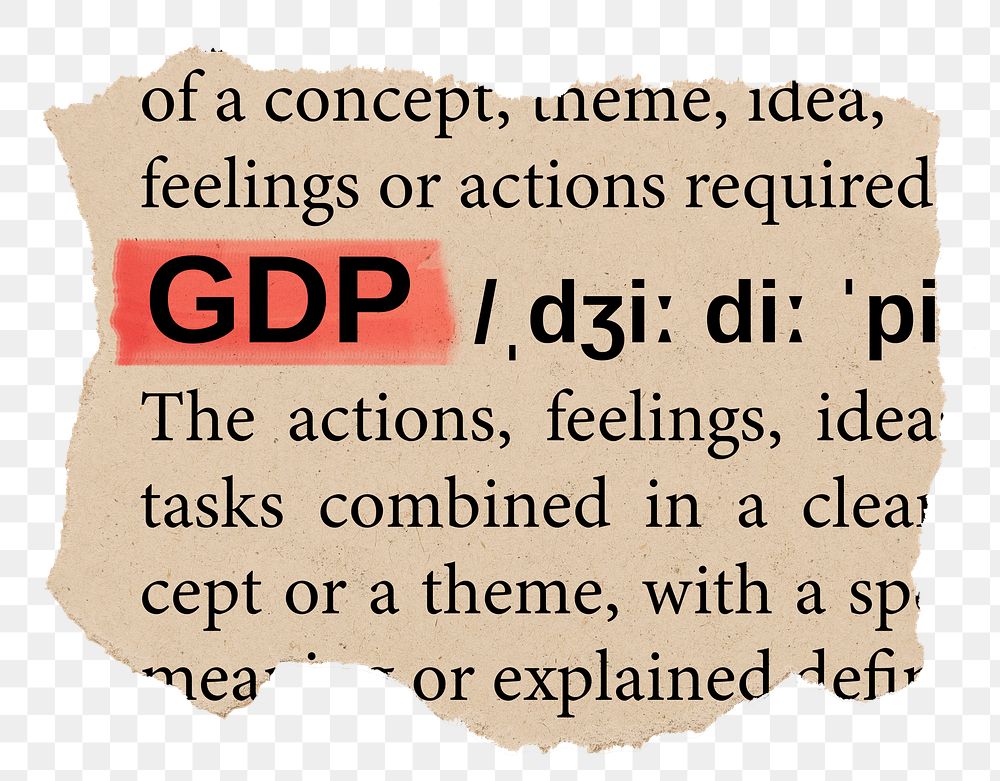 GDP png word sticker, torn paper dictionary, transparent background