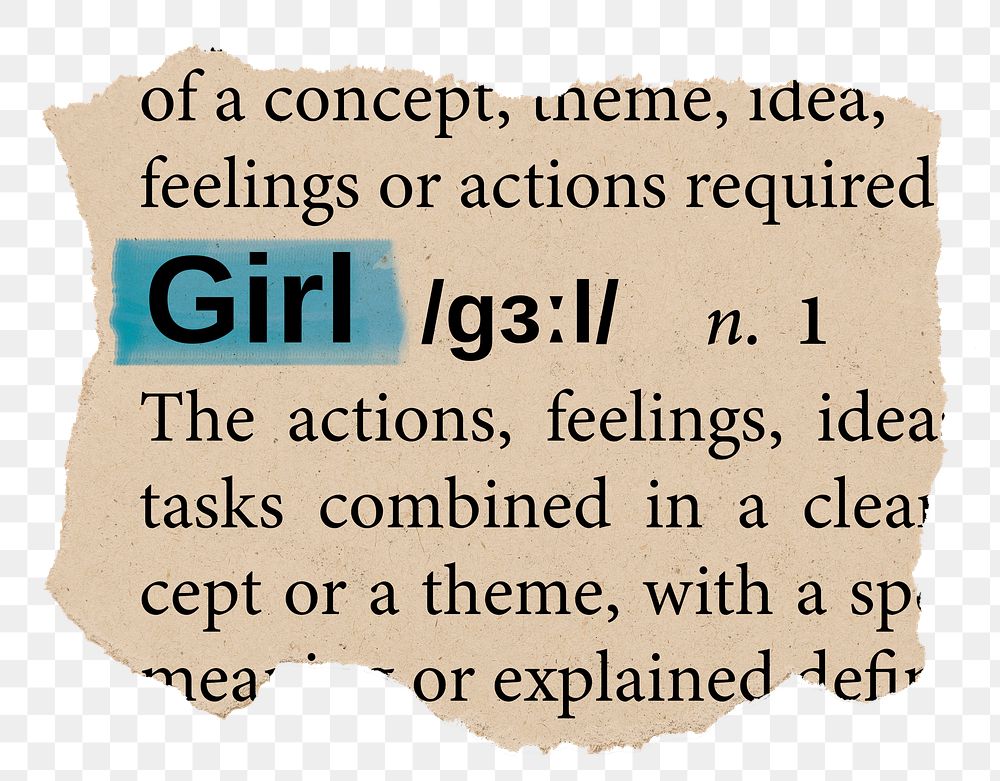 Girl png word sticker, torn paper dictionary, transparent background