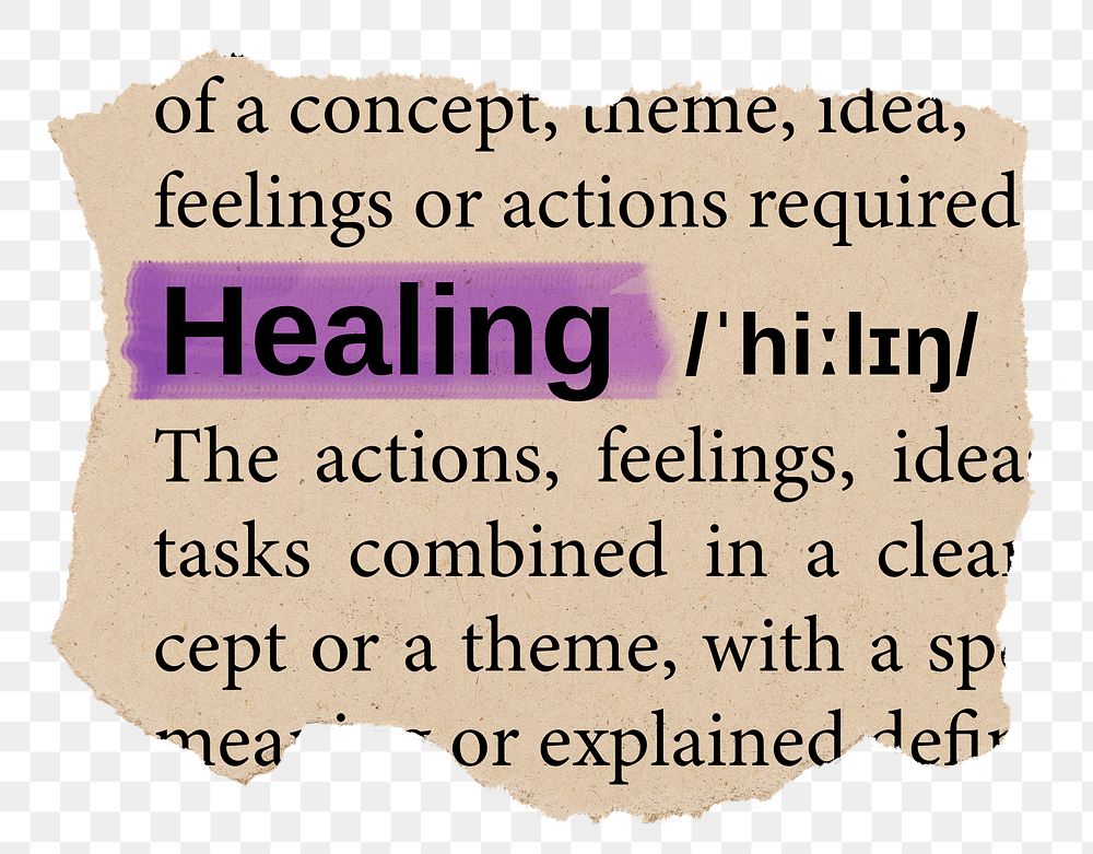 Healing png word sticker, torn paper dictionary, transparent background
