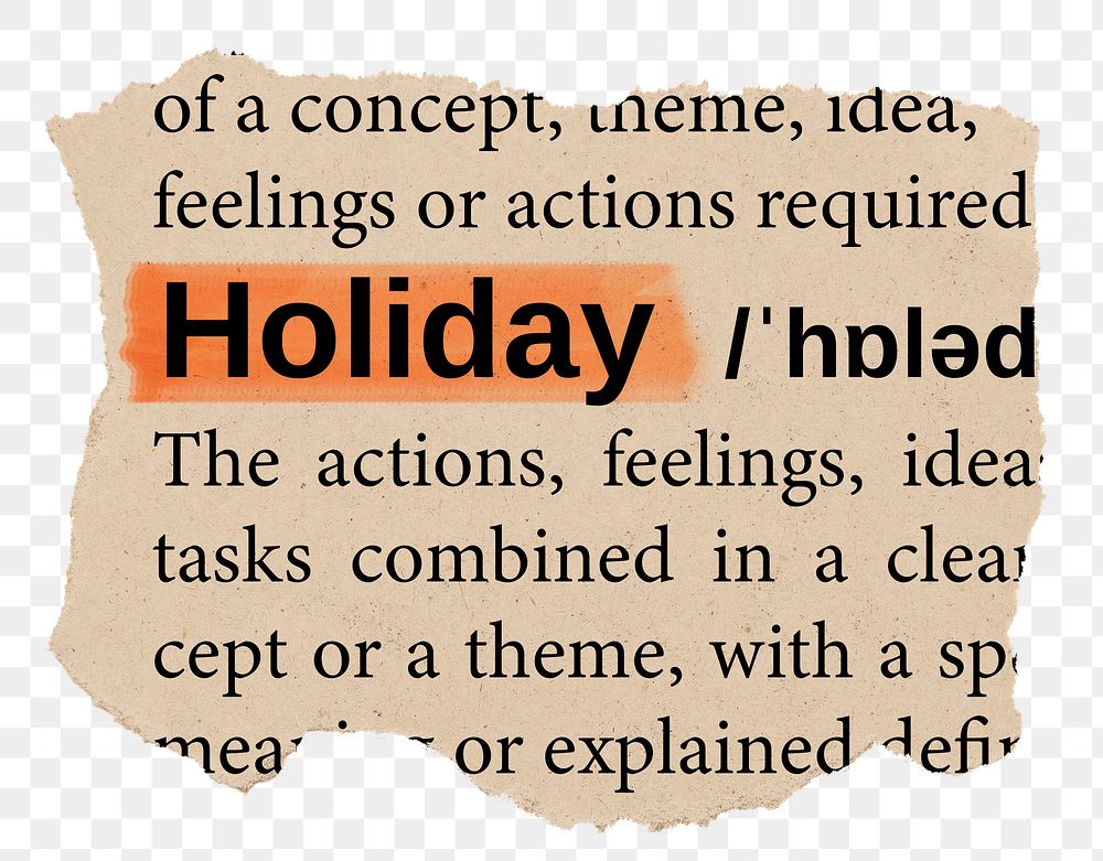 Holiday png word sticker, torn paper dictionary, transparent background