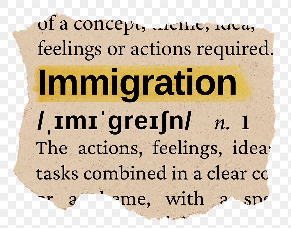 Immigration png word sticker, torn paper dictionary, transparent background