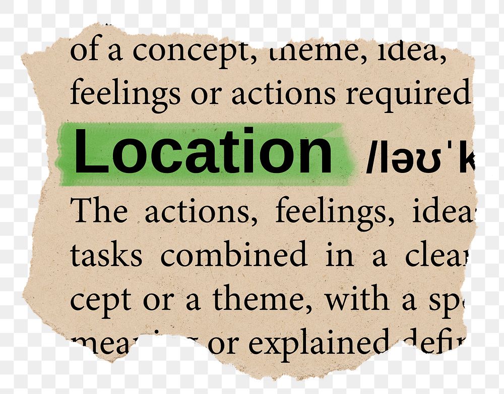 Location png word sticker, torn paper dictionary, transparent background