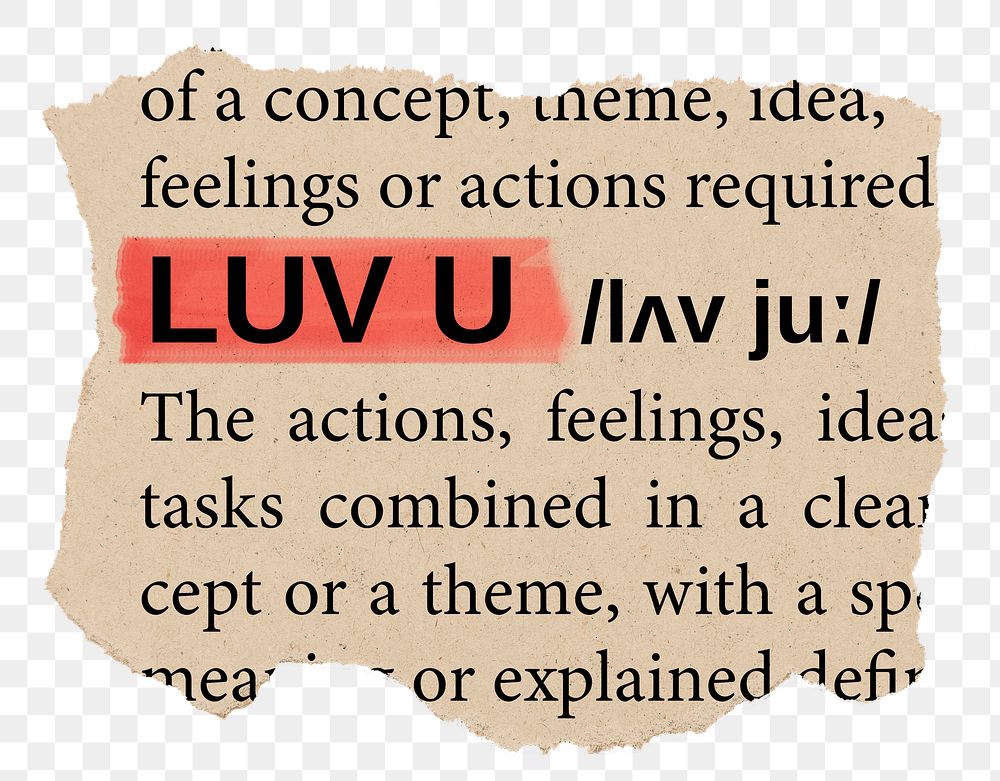 LUV U png word sticker, torn paper dictionary, transparent background