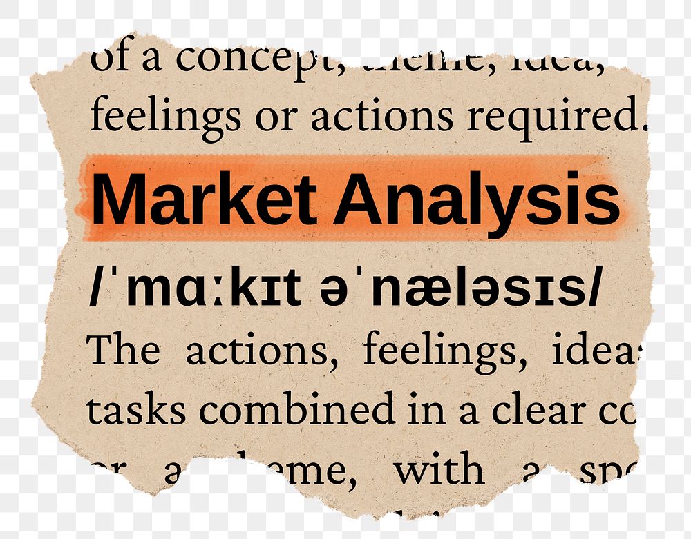 Market analysis png word sticker, torn paper dictionary, transparent background