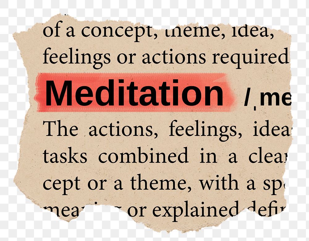Meditation png word sticker, torn paper dictionary, transparent background