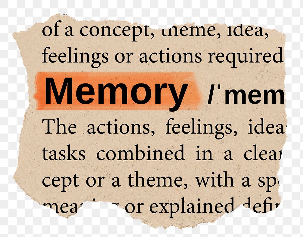 Memory png word sticker, torn paper dictionary, transparent background
