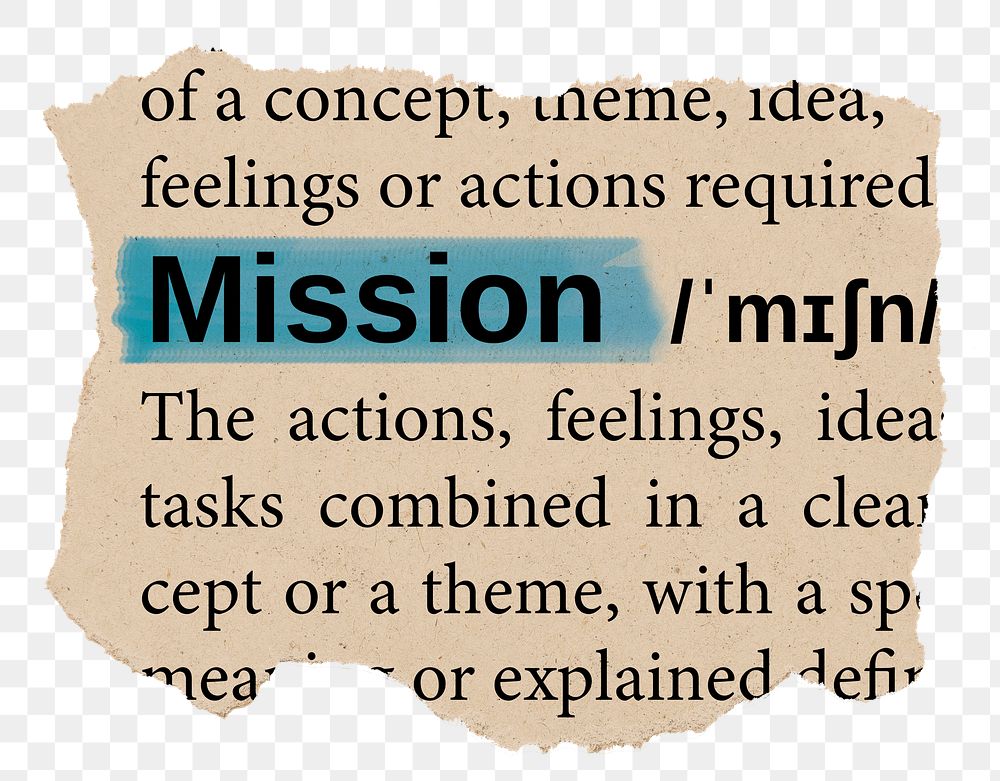 Mission png word sticker, torn paper dictionary, transparent background