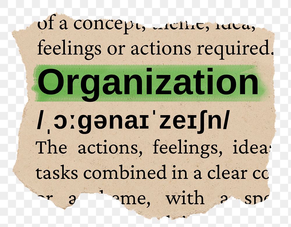 Organization png word sticker, torn paper dictionary, transparent background