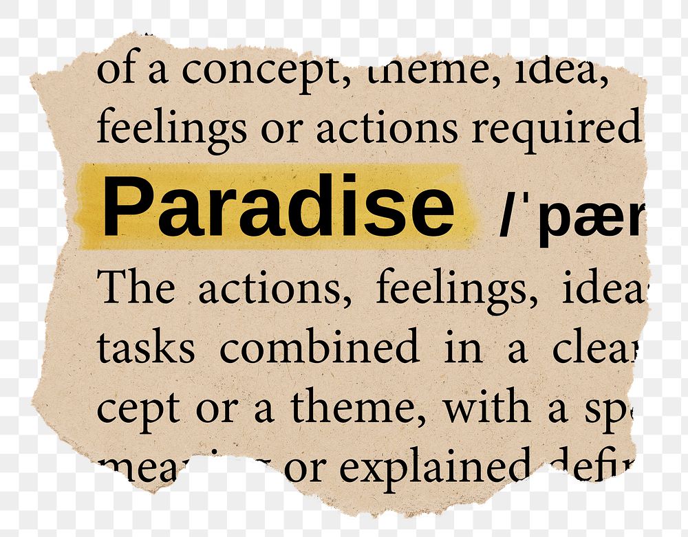 Paradise png word sticker, torn paper dictionary, transparent background