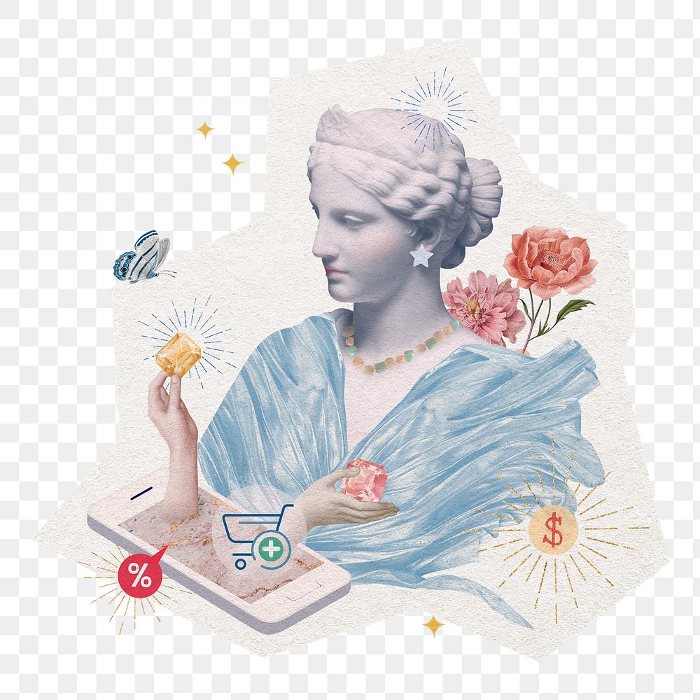 Png online shopping, Greek goddess sticker, cut out paper design, transparent background