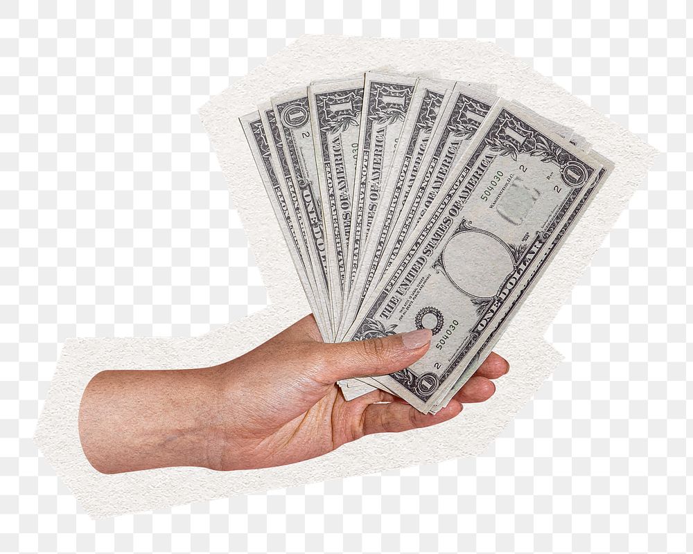 Png hand holding cash sticker, cut out paper design, transparent background