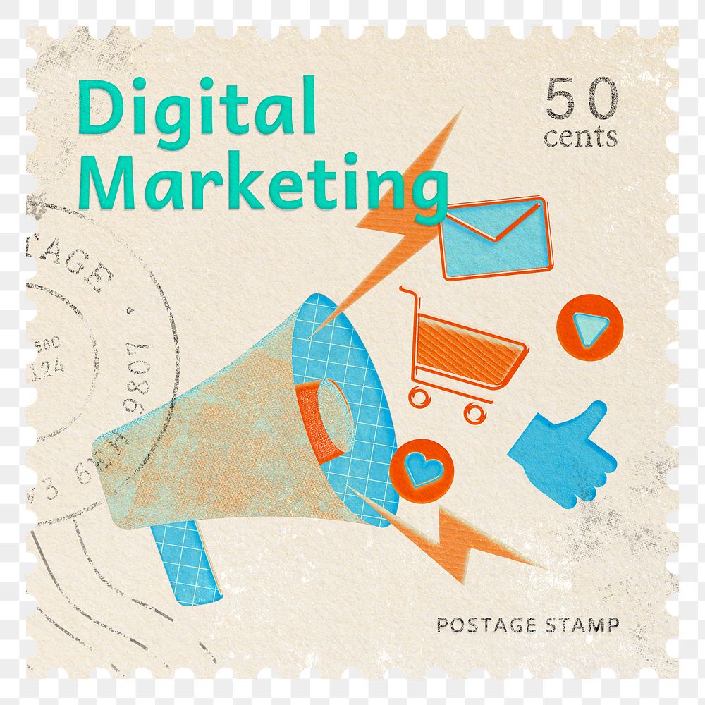 Digital marketing png post stamp sticker, business stationery, transparent background