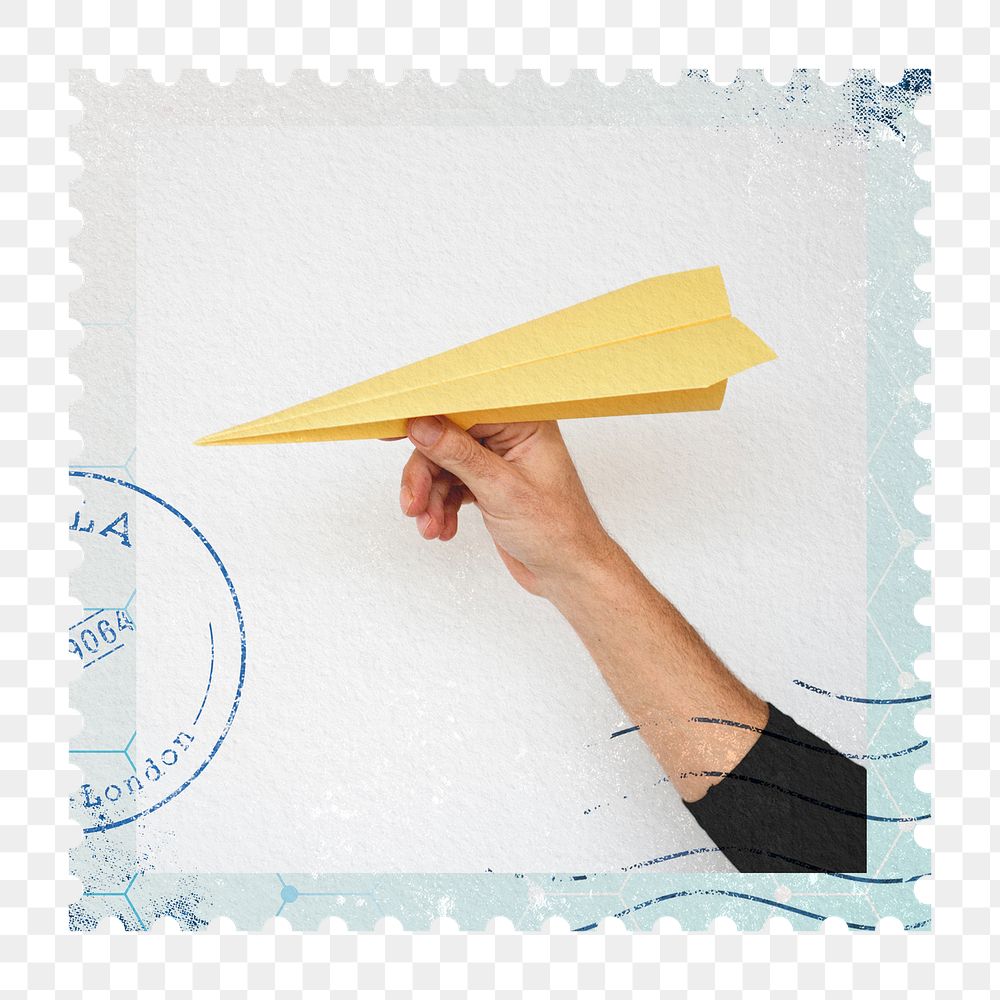 Paper plane png post stamp sticker, business stationery, transparent background