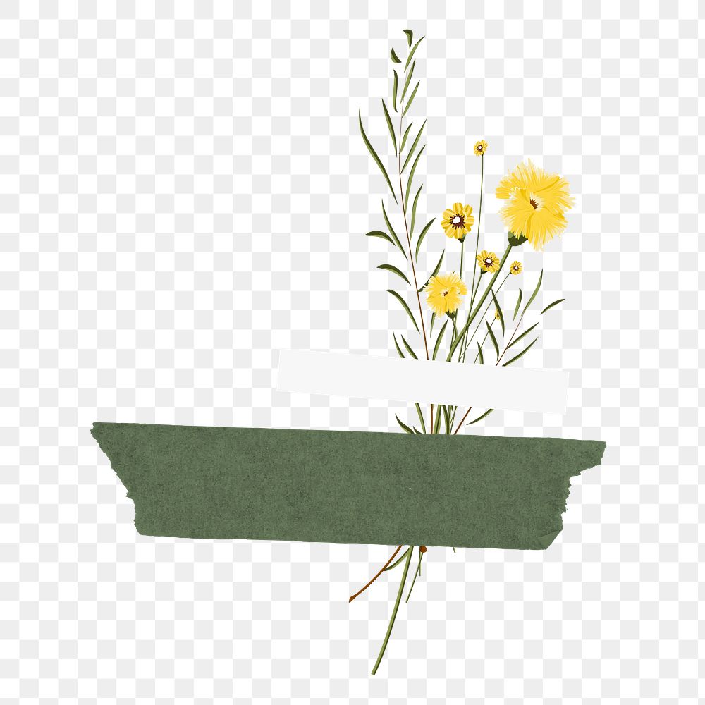 Png flower & washi tape sticker, transparent background