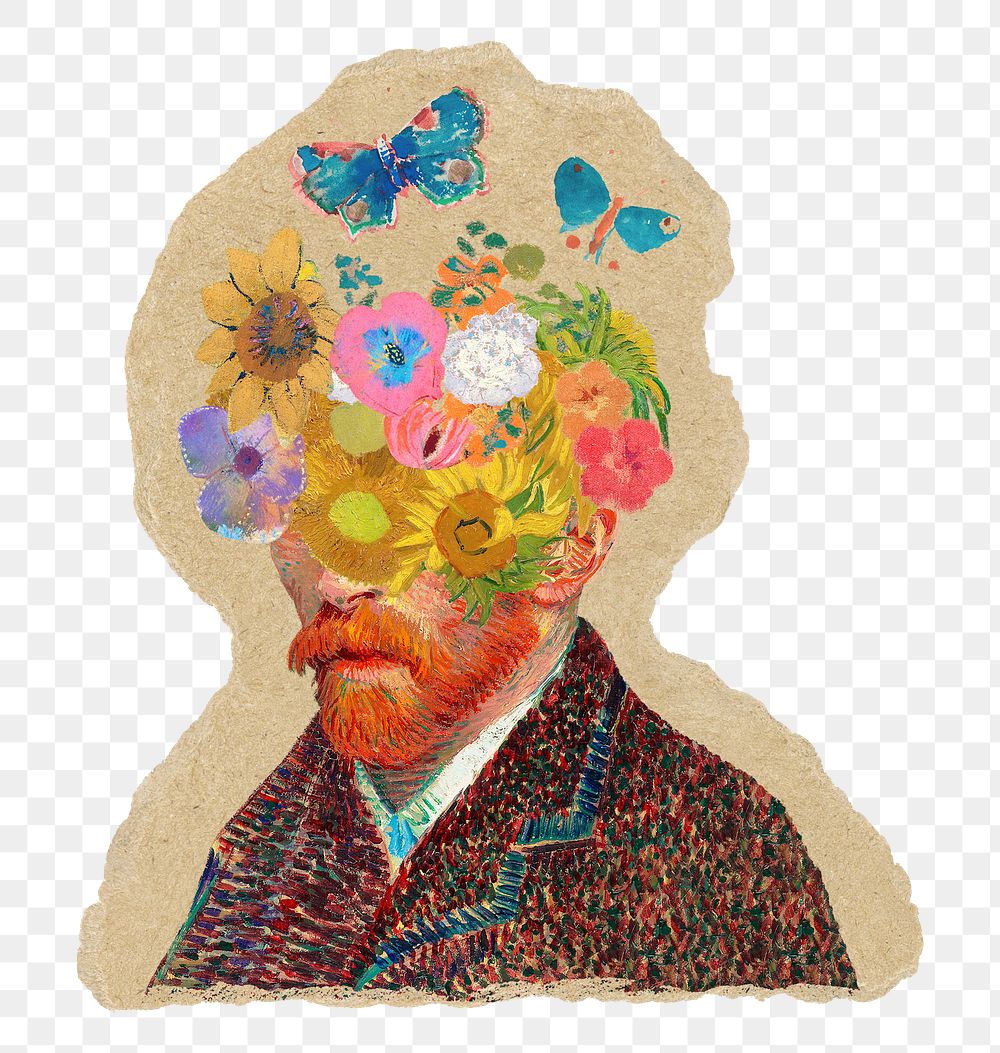Png Van Gogh self-portrait collage sticker, ripped paper transparent background remixed by rawpixel