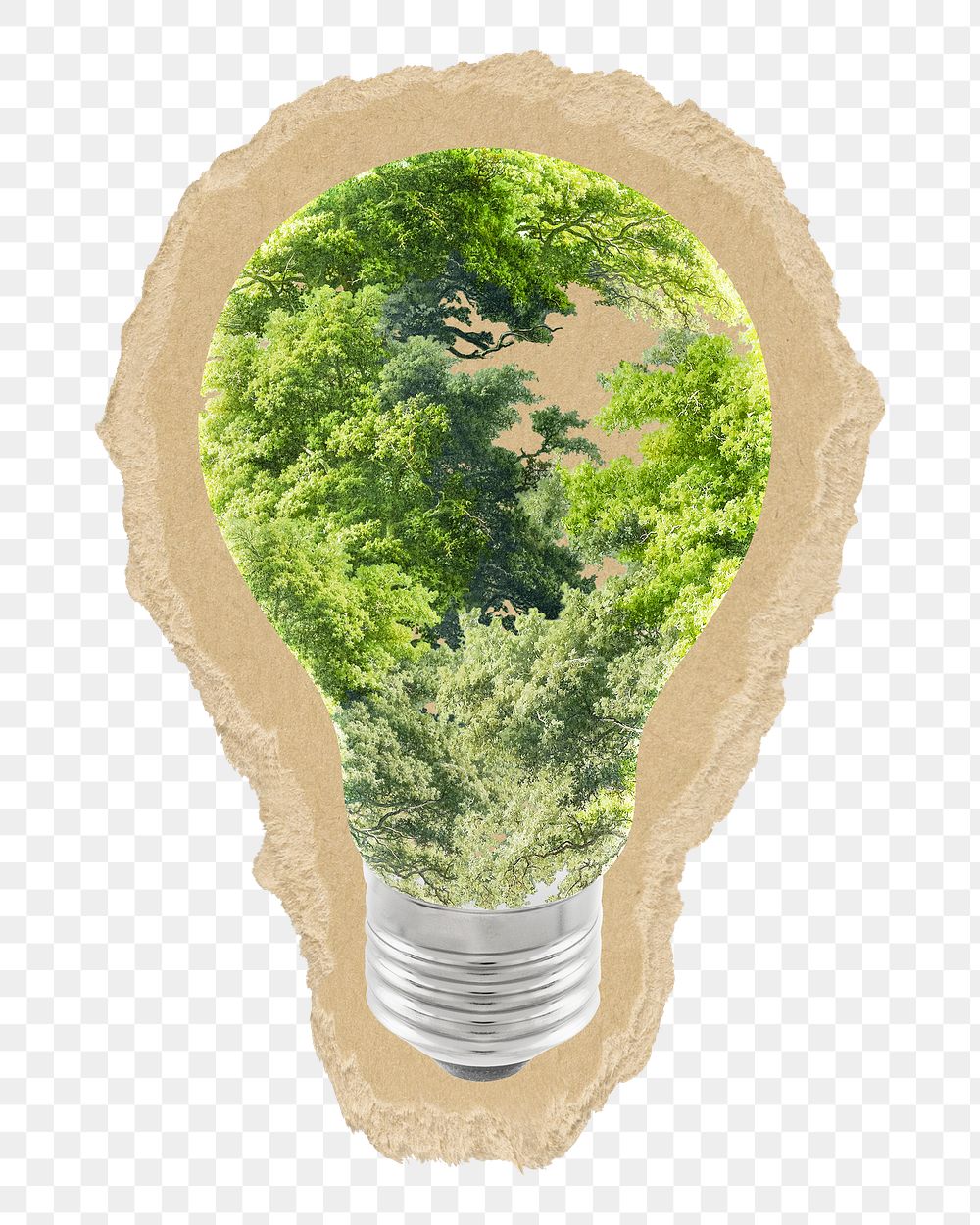 Png green energy light bulb sticker, torn paper transparent background