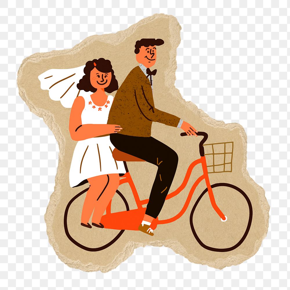 Png newly wed couple sticker, torn paper transparent background