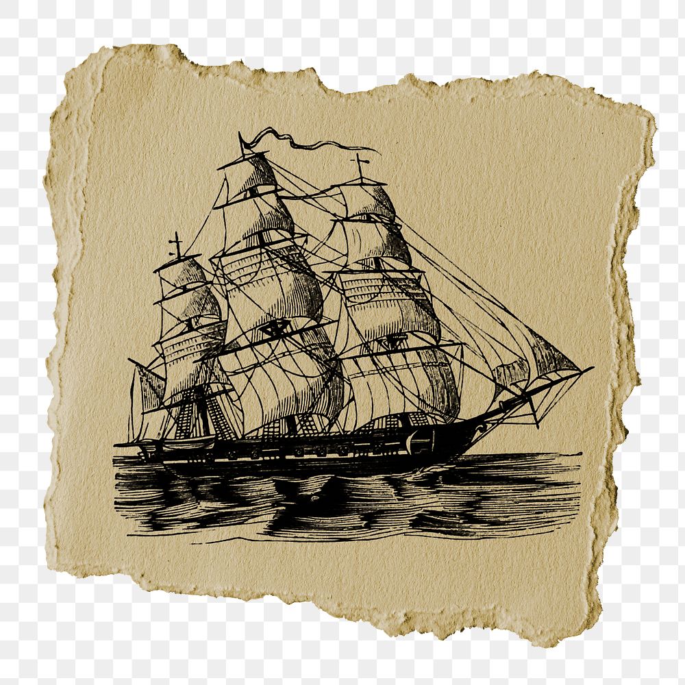 Vintage sailing png ship sticker, ripped paper, transparent background