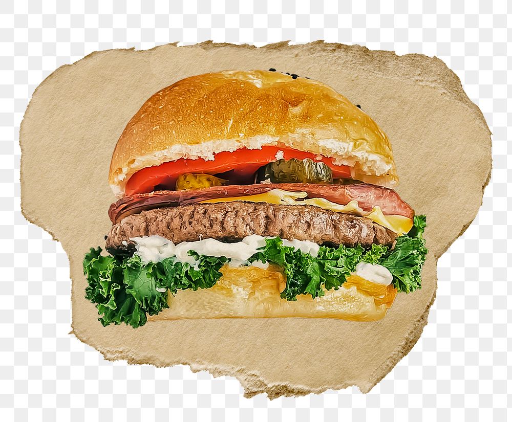 Burger png food sticker, ripped paper, transparent background