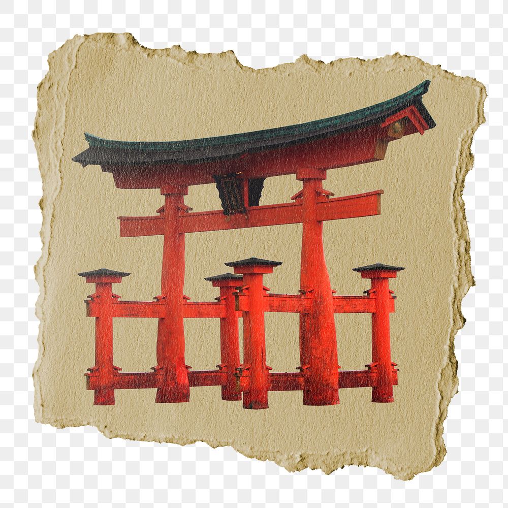 Japanese Torii png gate sticker, ripped paper, transparent background