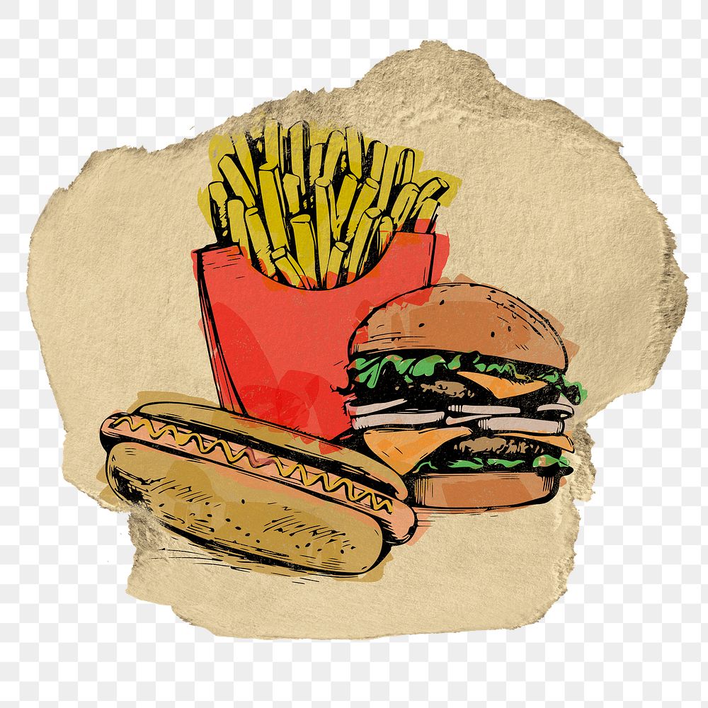 Burger, hotdog png fries food sticker, ripped paper, transparent background