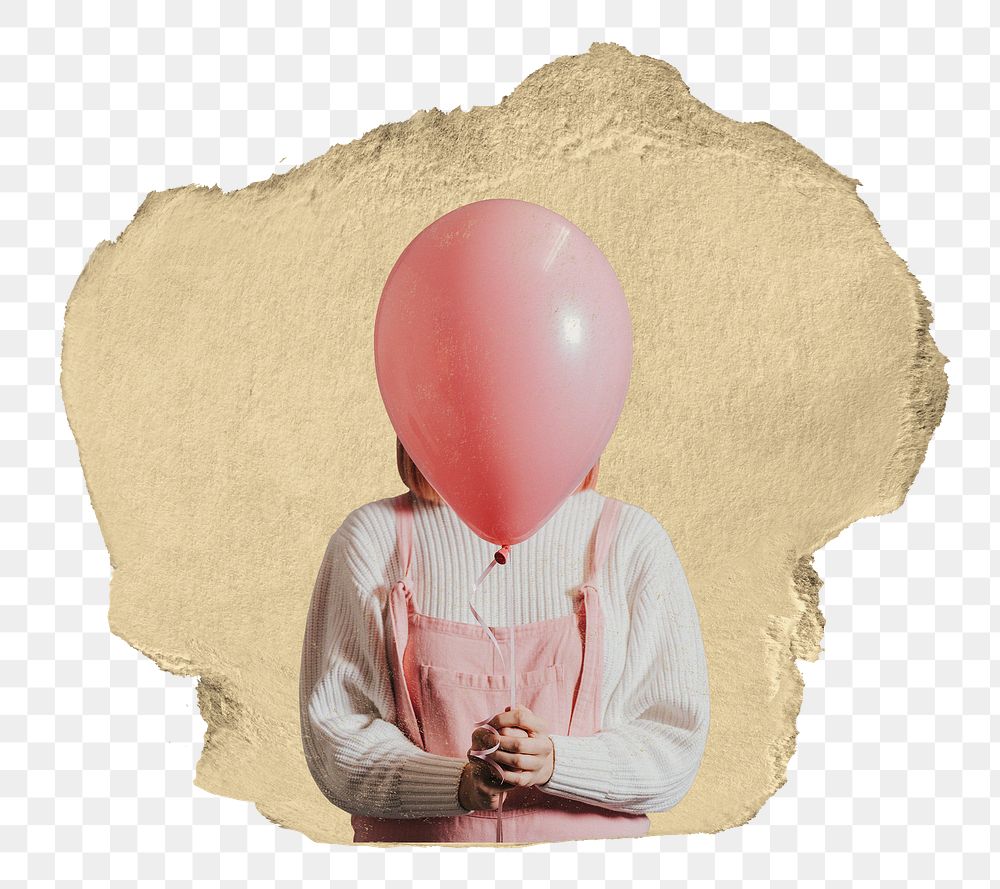 Girl holding balloon png sticker, ripped paper, transparent background