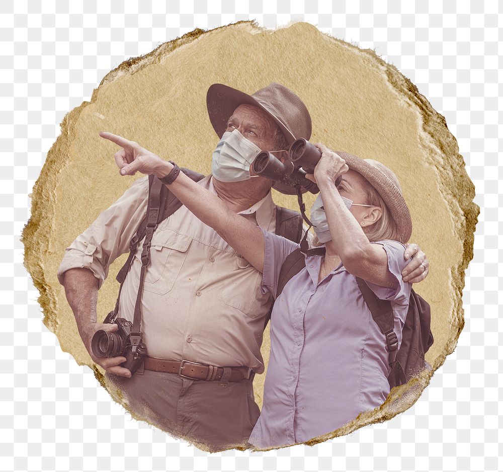 Old tourists png sticker, ripped paper, transparent background