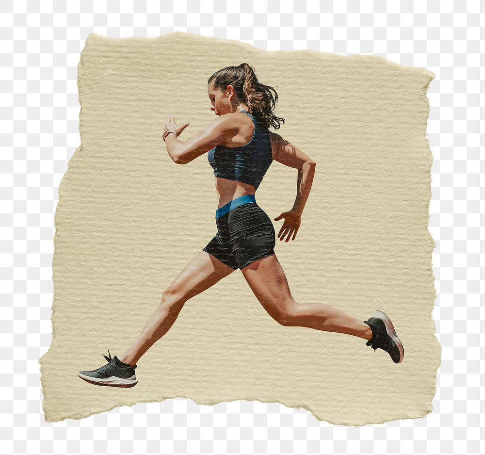 Running woman png sticker, ripped paper, transparent background