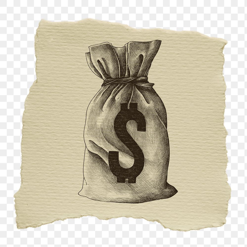 Money bag png sticker, ripped paper, transparent background