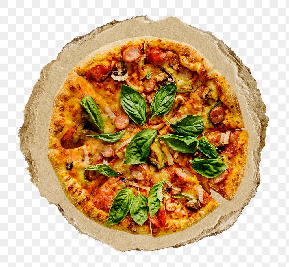 Homemade pizza png sticker, ripped paper, transparent background