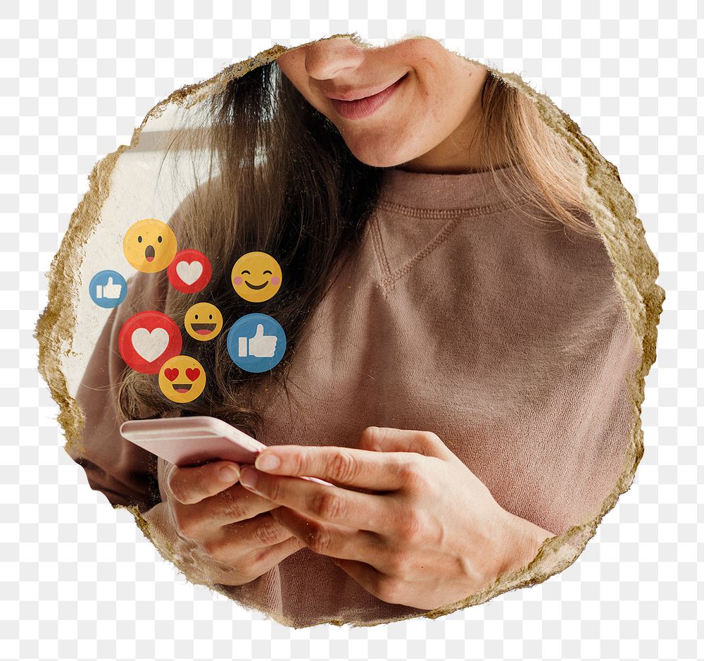 Woman texting png sticker, ripped paper, transparent background