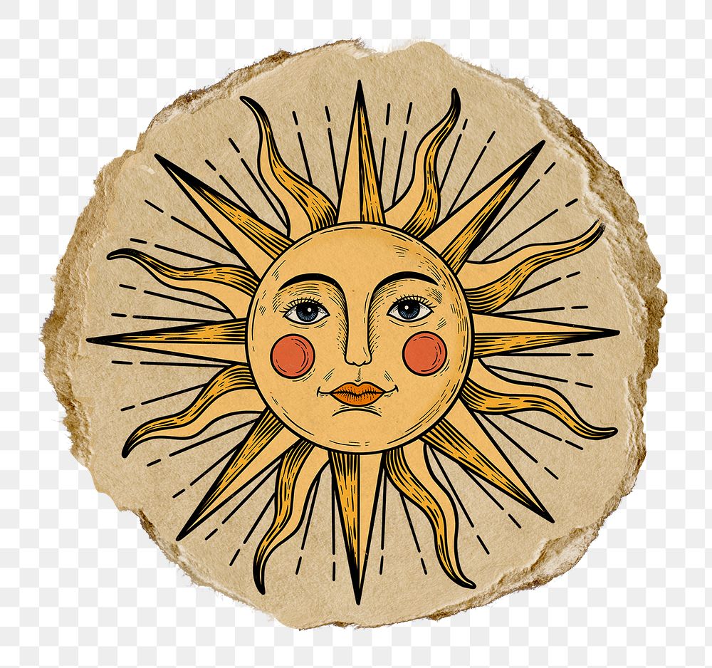Celestial sun png sticker, ripped paper, transparent background