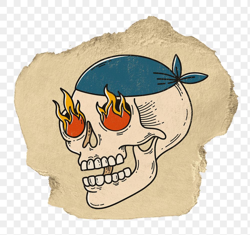 Retro skull png sticker, ripped paper, transparent background