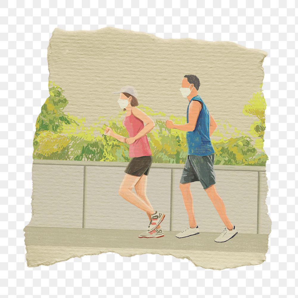 Couple running png sticker, ripped paper, transparent background