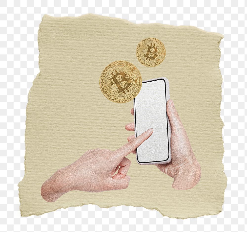 Bitcoin hand png sticker, ripped paper, transparent background