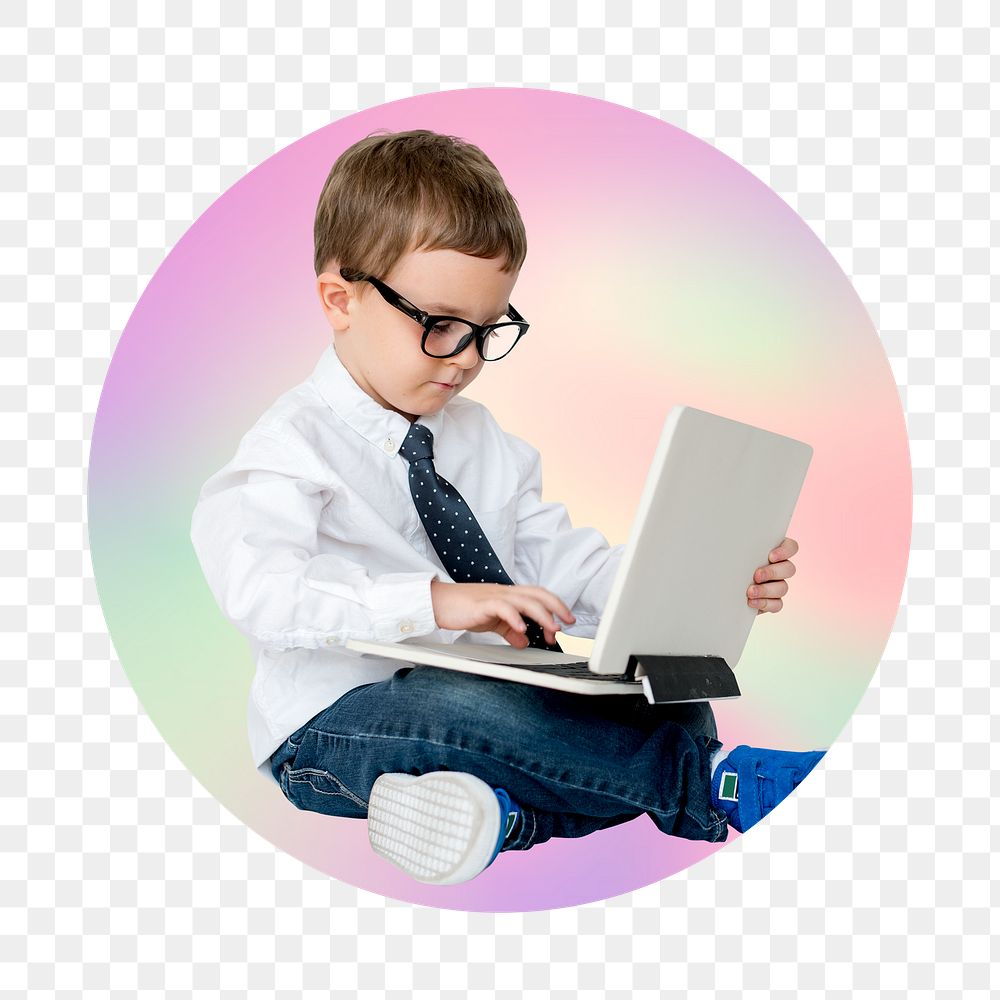 Png boy using a laptop, round badge, transparent background