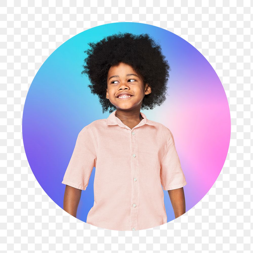 Smiling little boy png, round badge, transparent background