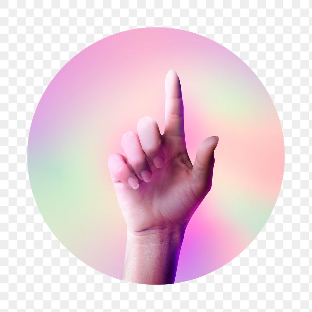 Finger point up png, round badge, transparent background