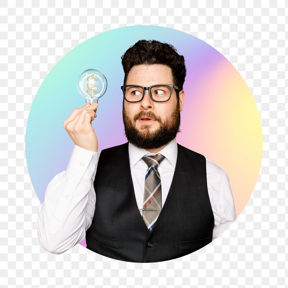 Png innovator with fresh idea, round badge, transparent background