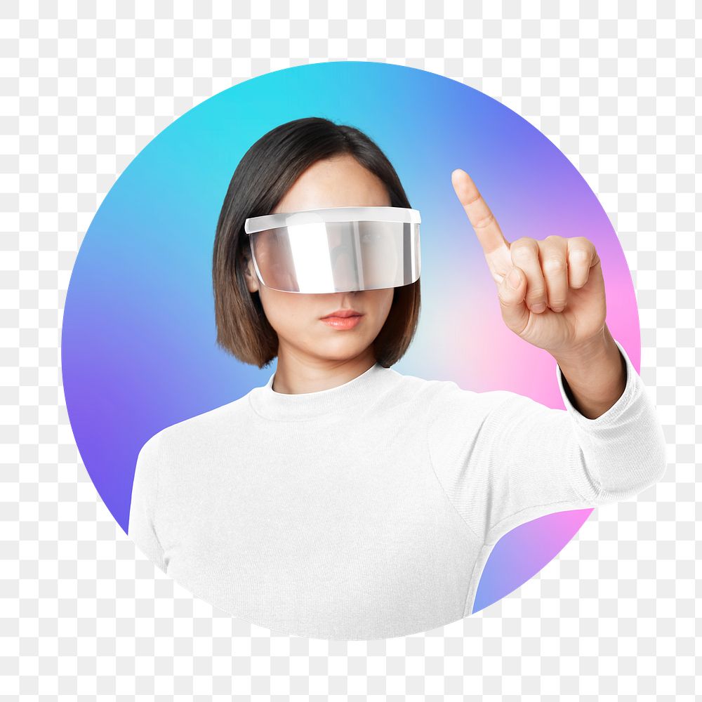 Png woman wearing vr glass, metaverse concept, round badge, transparent background