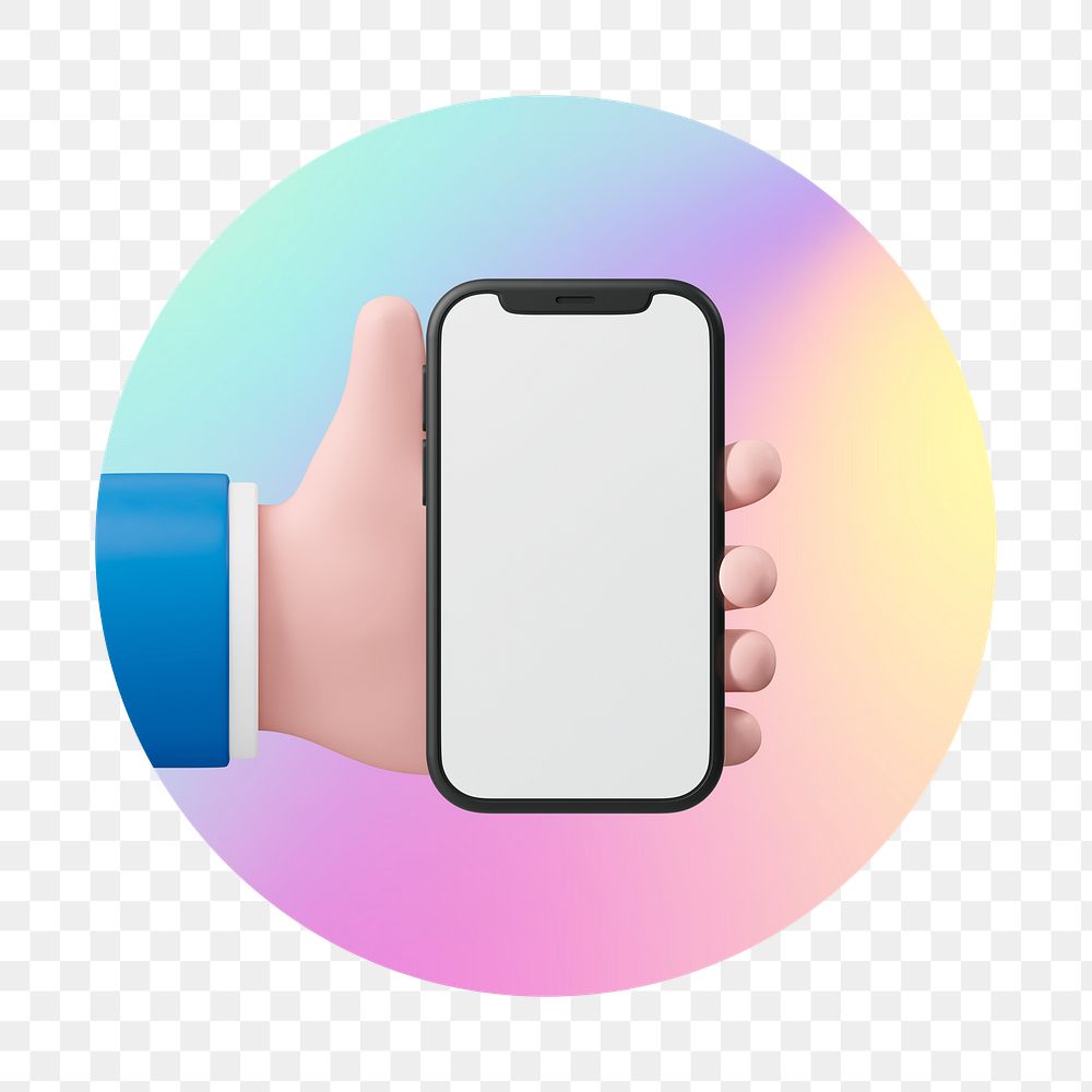 Hand using phone png, round badge, transparent background
