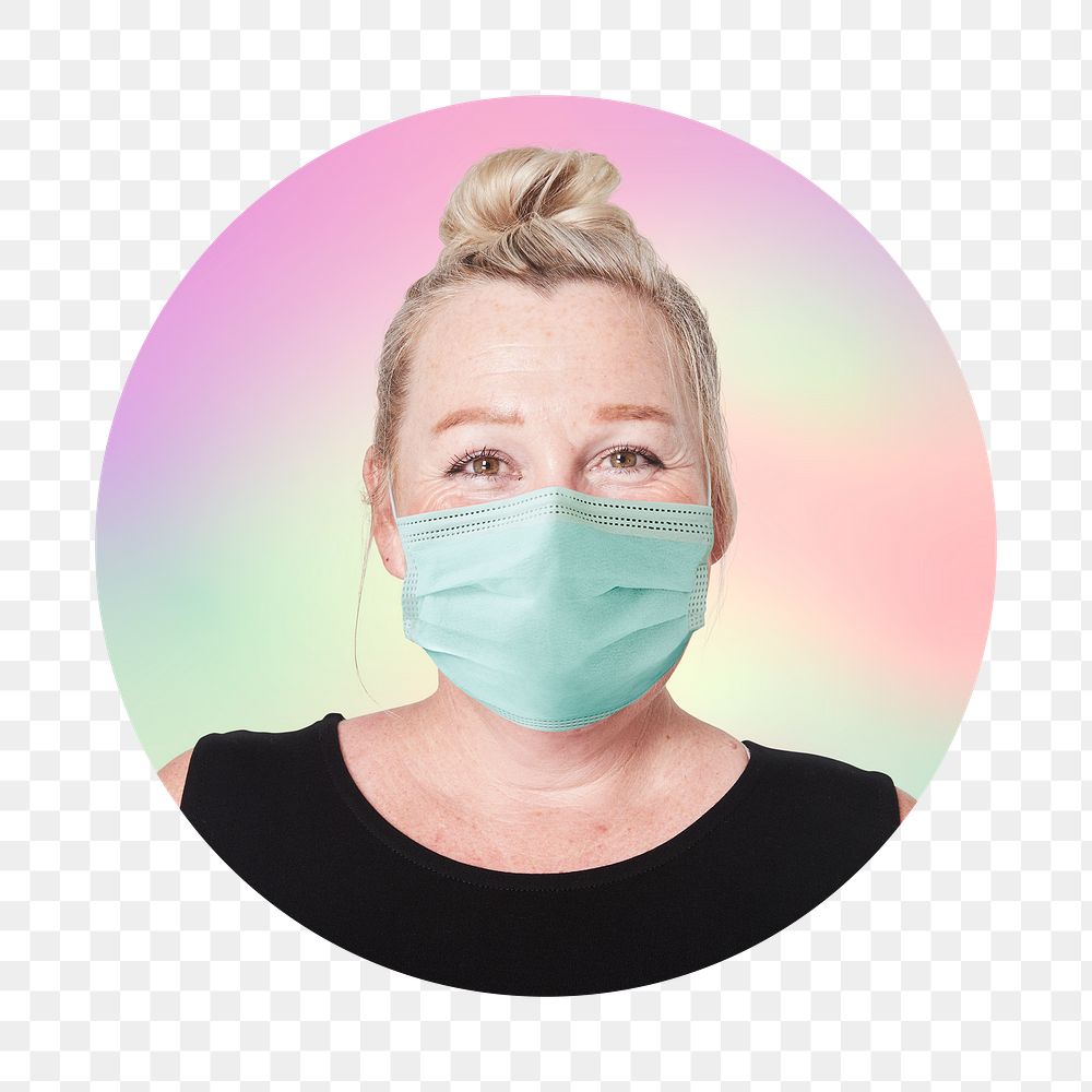 Png woman wearing surgical mask, round badge, transparent background